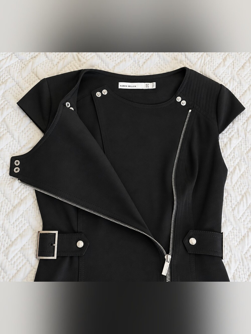 Karen Millen Black Asymmetric Zip Fitted Mini Dress US 6 - Picture 4 of 10
